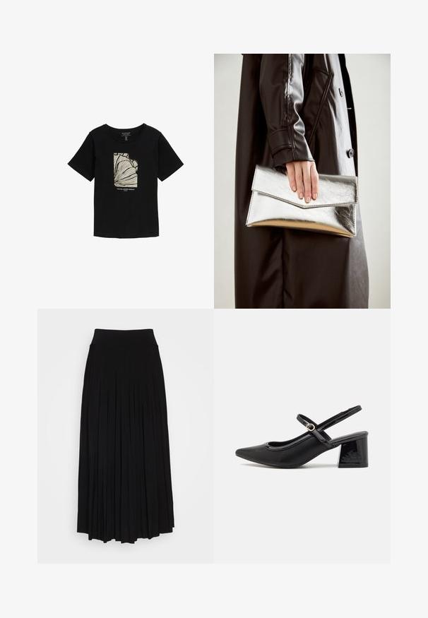 Schwarzes T-Shirt mit kurzen Ärmeln und rundem Halsausschnitt, das in der Mitte eine cremefarbene abstrakte Grafik und den Text "Tropical Summer Paradise" zeigt.; Schwarzer plissierter Rock mit breitem, dehnbarem Bund. Gefertigt aus weichem Stoff, mit vertikalen Falten für eine fließende Silhouette.; Schwarze Lackleder-Slingback-Absätze mit spitzer Zehenform, einem runden Ausschnitt-Design und einem Blockabsatz. Mit einem goldfarbenen Schnallenakzent.; Silberner metallischer Clutch mit einem eckigen Umschlagdesign, glatter Textur und kontrastierender Innenfarbe, gehalten in einer Hand, die einen schwarzen Mantel trägt.