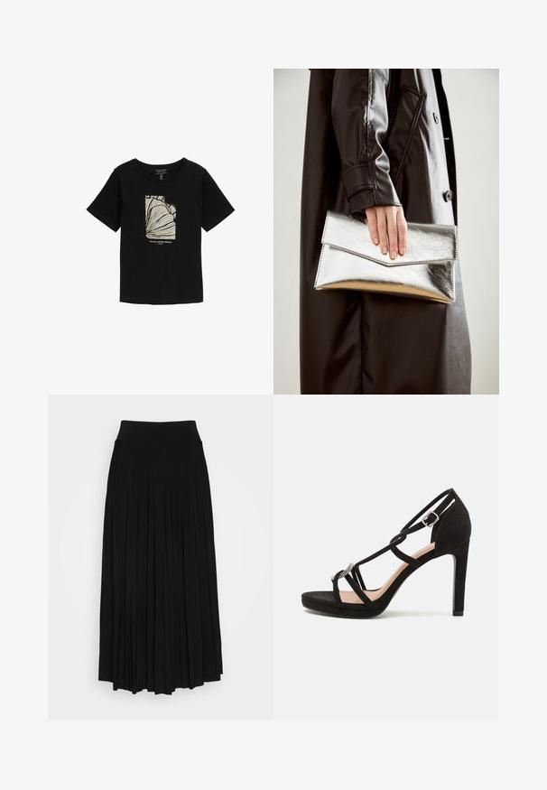 Schwarzes T-Shirt mit kurzen Ärmeln und rundem Halsausschnitt, das in der Mitte eine cremefarbene abstrakte Grafik und den Text "Tropical Summer Paradise" zeigt.; Schwarzer plissierter Rock mit breitem, dehnbarem Bund. Gefertigt aus weichem Stoff, mit vertikalen Falten für eine fließende Silhouette.; Schwarze Wildleder-Pappelsandalen mit überkreuzten Riemen, einem dekorativen silberfarbenen Akzent und einer Plateausohle für zusätzliche Höhe.; Silberner metallischer Clutch mit einem eckigen Umschlagdesign, glatter Textur und kontrastierender Innenfarbe, gehalten in einer Hand, die einen schwarzen Mantel trägt.