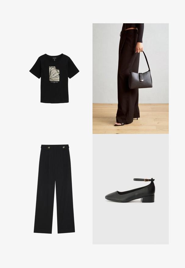 Black short-sleeve t-shirt with a round neckline, featuring a cream-colored abstract graphic and text "Tropical Summer Paradise" at the center.; Black wide-leg trousers with high waist, button details on waistband, and front pleats.; Black leather pump with a pointed toe and a low block heel. Features an ankle strap with a gold-tone buckle. Smooth texture.; Black handbag with structured shape, smooth texture, and a metallic clasp. Paired with wide black pants and open-toe sandals on wooden floor.