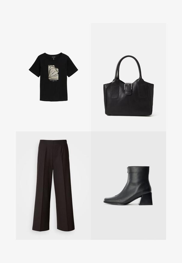 T-shirt noir à manches courtes avec un col rond, arborant un graphique abstrait crème et le texte "Tropical Summer Paradise" au centre.; Pantalons noirs à jambes larges avec un devant plat, des plis et une texture de tissu lisse. Caractéristiques d'une taille haute et d'une coupe ajustée pour un fit structuré.; Bottine en cuir noir avec un bout carré, fermeture éclair sur le côté et talon bloc sur fond clair uni.; Sac fourre-tout en cuir noir avec une texture lisse, une forme structurée, deux poignées et un détail en boucle argentée proéminent à l'avant.