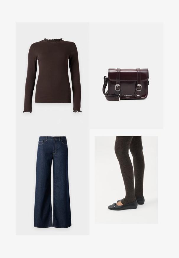 Ruskea pitkähihainen paita, joka on valmistettu ribatusta kankaasta ja jossa on röyhelökaulus ja hihansuut. Suunnittelu on istuva ja siinä on sileä pinta.; Suorat lahkeet farkut tummansinisestä denimmistä. Ominaisuuksiin kuuluvat kontrastiväriset ompeleet, viisi taskua ja nappisuljenta vyötäröllä. Sileä pinta.; Mustat matalat kengät, joissa on pieni nauha varpaissa, yhdistettynä tummanruskeisiin ribattuisiin sukkahousuihin. Kengissä on sileä pinta ja matala profiili.; Burgundin värinen lakattu nahkainen olkapussukka, jossa on suorakulmainen muoto, kaksi hihnaa, hopeiset yksityiskohdat ja läppäkiinnitys.