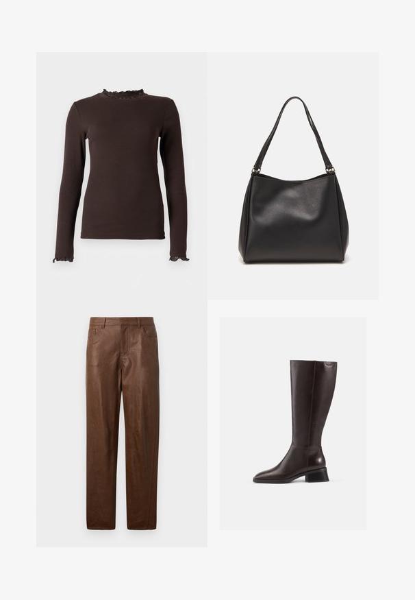Maglietta marrone a maniche lunghe realizzata in tessuto a costine, con colletto e polsini arricciati. Il design è aderente e presenta una texture liscia.; Pantaloni in pelle marrone con una texture liscia, design a gamba dritta e due tasche laterali. Presentano dettagli di cucitura visibili.; Stivali in pelle marrone al ginocchio con finitura liscia, punta arrotondata e tacco nero impilato. Design semplice con dettagli hardware minimi.; Borsa a tracolla nera in pelle sintetica con una texture morbida, forma hobo e doppi manici; presenta una finitura lucida e un design minimalista.