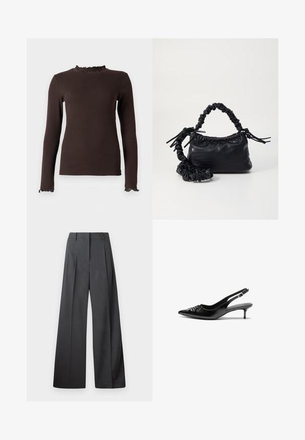 Brown long-sleeve top made of ribbed fabric, featuring a ruffled neckline and cuffs. The design is fitted with a smooth texture.; Wide-leg trousers in dark gray fabric, featuring a high waist, single pleats, and a smooth texture with a clean finish at the hems.; Black leather slingback heels with a pointed toe, small kitten heel, and a decorative knot detail on the front. Smooth texture throughout.; Black faux leather handbag with a crocodile texture, cinched top, and a scrunched strap. Appears soft and compact in design.