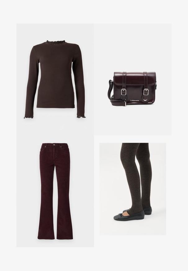Rjava dolgoletna majica iz rebraste tkanine s čipkastim ovratnikom in manšetami. Oblikovanje je oprijeto z gladkim teksturo.; Bordo kordurojske hlače s flared krojem, gladko teksturo, pet žepov in zaponko z kovinsko gumbom na pasu.; Črne ravne čevlje z majhnim lokom na prstih, v kombinaciji s temno rjavimi rebrastimi nogavicami. Čevlji imajo gladko teksturo in nizko obliko.; Burgundska patentna usnjena torbica čez ramo z pravokotno obliko, dvema trakovoma, srebrno kovinsko opremo in zapiranjem na preklop.