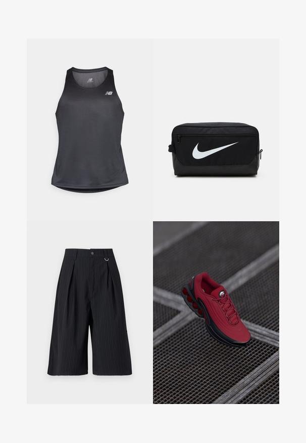 Black athletic tank top made of moisture-wicking fabric, featuring a round neckline and subtle ribbed texture, with a white logo on the chest.; Black pinstripe shorts with pleats, a button closure, and a metal ring accent. Smooth fabric with a tailored fit and knee-length design.; Red sneaker with a textured upper, featuring black accents and a prominent air cushioning sole design. Laces and logo are visible on top.; Black Nike toiletry bag with a smooth texture, featuring a white swoosh logo, top zip closure, and a side pocket.