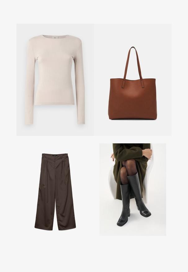 Camisola de manga longa em bege claro, feita de um tecido suave. Apresenta um decote redondo e um design ajustado, com detalhes de costura mínimos.; Calças largas de tecido castanho escuro com uma textura suave. As características incluem pregas na frente e um cós padrão.; Botas de couro pretas até ao joelho com biqueira quadrada e salto em bloco, apresentadas com um modelo sentado num casaco verde-azeitona. Textura lisa, com detalhes mínimos.; Bolsa tote de couro castanho com uma textura suave, design de abertura superior e duas alças para o ombro. Apresenta costura mínima e sem hardware visível.