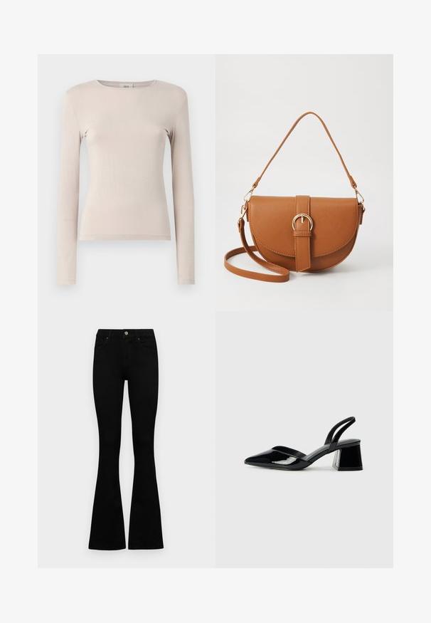 Camisola de manga longa em bege claro, feita de um tecido suave. Apresenta um decote redondo e um design ajustado, com detalhes de costura mínimos.; Jeans pretos de cintura alta com fecho de botão e zíper, bolsos frontais e pernas largas dispostos em cima de um fundo branco.; Sandy em verniz preto com salto slingback, ponta afilada e salto geométrico. Apresenta um design elegante e minimalista com textura suave.; Bolsa transversal de couro castanho com um formato curvado, ferragens douradas e um detalhe de fivela. Inclui uma alça de ombro destacável.