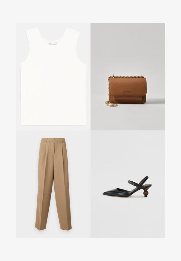 Fehér ujjatlan trikó, bordás anyagból, kerek nyakkal és egyenes aljjal. Egyszerű dizájn, további díszítések nélkül.; Beige színű, magas derekú, plissézett elejű és széles szárú, testre szabott nadrág. Az anyag sima tapintású, enyhe fénylő hatással.; Fekete bőr szandálcipő hegyes orral, íves kialakítással és kerek, fára hasonlító sarokkal. Keskeny bokapánttal rendelkezik.; Barna textúrájú bőr keresztbody táska arany lánc pánttal és fedélzárral. Az elején logó részlet és egy zseb található a fedél alatt.
