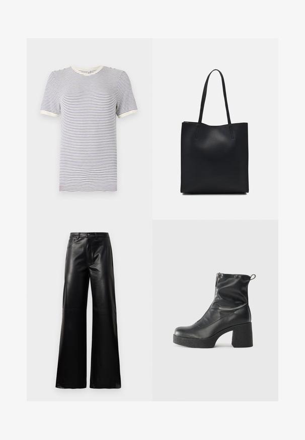 Pruhované tričko v bílé a námořnické modři, krátké rukávy, kulatý výstřih, s kontrastními lemy na límci a rukávech. Měkký bavlněný materiál.; Černé kalhoty s vysokým pasem a širokými nohavicemi z umělé kůže, s předním knoflíkem, zipovým zapínáním, poutky na pás a bočními kapsami na bílém pozadí.; Černé kotníkové boty vyrobené z hladké kůže, s bočním zipem, robustním strukturovaným podpatkem a kulatou špičkou.; Černá kožená taška přes rameno s hladkým povrchem, obdélníkovým tvarem a dvěma dlouhými uchy. Žádné viditelné kování ani ozdoby.