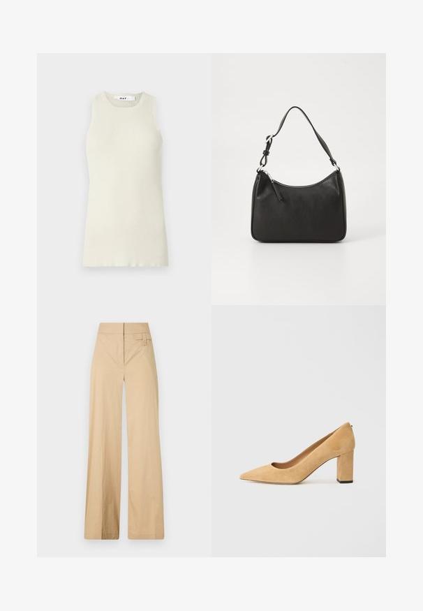 Hellbeige ärmelloses Top aus geripptem Stoff, mit Rundhalsausschnitt und geradem Schnitt, minimalen Nähten und ohne Verzierungen.; Beige weite Hosen aus Baumwollmischgewebe. Sie haben eine glatte Textur, einen elastischen Bund und eine seitliche Knopfdetail.; Beige Wildleder-Pumps mit hohem Absatz, spitz zulaufend und mit einem klobigen Blockabsatz. Das Material hat eine weiche Textur mit einer glatten Oberfläche.; Schwarze Lederhandtasche mit geschwungener Form, einem einzigen Tragegurt, Reißverschlussverschluss und dezentem Branding auf der Vorderseite. Glatte Textur, minimalistisches Design.