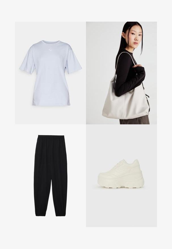 Helles blaues Baumwoll-T-Shirt mit kurzen Ärmeln, Rundhalsausschnitt und einem gestickten weißen Logo auf der Brust. Glatte Textur und lockere Passform.; Schwarze, leichte Hosen mit einem elastischen Bund und gerafften Knöcheln. Der Stoff ist glatt und hat ein entspanntes, schmal zulaufendes Design.; Weiße Platform Sneakers mit einem glatten, lederähnlichen Obermaterial, abgerundeter Form, gepolstertem Kragen und strukturierten Gummisohlen mit ausgeprägten Stollen.; Beige Handtasche aus weichem Material, mit einem lässigen Design, gesteppten Details und zwei Schulterriemen. Geeignet für den täglichen Gebrauch.