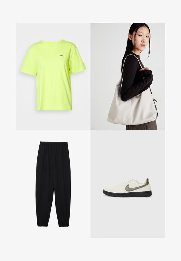 Lacoste Pamata T-krekls - firefly; Melnas, vieglas bikses ar elastīgu jostu un savilktiem potītiem. Audums ir gluds un to raksturo brīva, sašaurināta forma.; Nike Sportswear FIELD GENERAL - Treniņu apavi - off-white/black; Bežs rokassoma, izgatavota no mīksta materiāla, ar brīvu dizainu, izšūtu apdari un divām plecu siksnām. Piemērota ikdienas lietošanai.