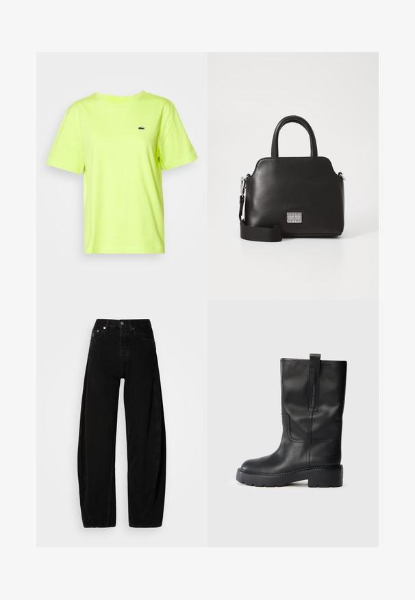 Lacoste Základné tričko - firefly; Čierne denimové nohavice širokého strihu s vysokým pásom, s knoflíkovým zapínaním, piatimi vreckami a minimálnymi detailmi šitia.; Čierne kožené vysoké čižmy s elegantným dizajnom, ktoré majú hrubú podrážku a bočný popruh pre jednoduché obúvanie. Výrazné švy ako akcent.; Čierna syntetická kabelka s vrchnými uchami, odnímateľným ramenným popruhom, okrúhlym tvarom, hladkou textúrou a strieborným logom na prednej strane.
