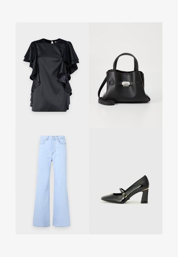 Black satin dress with layered ruffle sleeves and a round neckline. Features a keyhole back closure and a smooth texture.; Light blue flared jeans with a high waist, featuring five pockets, a button closure, and a smooth denim texture. Edge is cleanly stitched.; Black patent leather high heel shoe with a pointed toe, ankle strap, and gold accent at the heel. Square block heel design.; Black leather handbag with a textured finish, featuring two top handles, a detachable shoulder strap, and a silver clasp detail.
