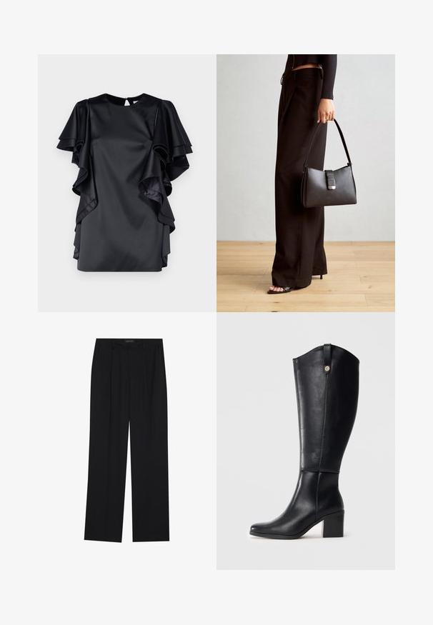 Fekete selyemruha réteges fodros ujjakkal és kerek nyakkivágással. Kulcslyuk hátkivágással rendelkezik, valamint sima textúrája van.; Fekete nadrág egyenes szárú kialakítással, két első zsebbel és derékrésszel. Simának és könnyű anyagból készült.; Fekete, térd fölé érő bőrcipők négyzet alakú orral és tömb sarkal. Oldalsó varrással és dekoratív fém kiegészítővel a tetején.; Fekete kézi táska strukturált formával, sima textúrával és fémből készült záródással. Széles fekete nadrággal és nyitott orrú szandállal párosítva, fából készült padlón.