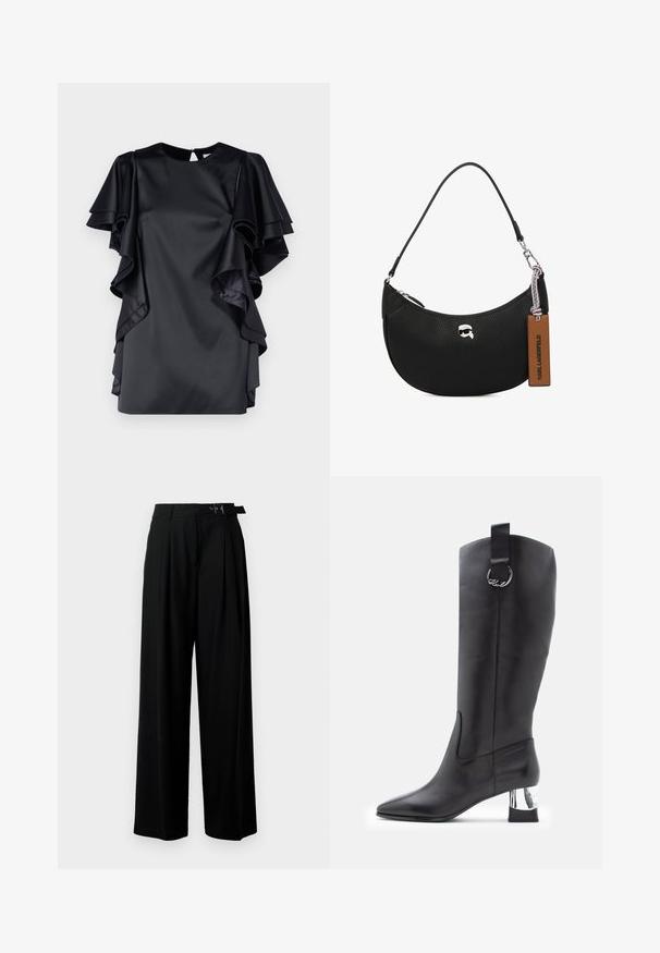 Fekete selyemruha réteges fodros ujjakkal és kerek nyakkivágással. Kulcslyuk hátkivágással rendelkezik, valamint sima textúrája van.; Fekete, bő szárú nadrág magas derékkal, elöl pliszírozva, és csattal ellátott övvel. Simább, könnyű anyagból készült.; Fekete bőr, térd fölé érő cipő hegyes orral és króm blokk sarokkal. A tetején egy kör alakú fém díszítésű pánt található.; Fekete bőrtáska, melynek felülete szemcsés, ívelt formájú, felül zippzárral záródik, ezüst színű fémrészletekkel és barna cimkével rendelkezik. Jellemzője a logós díszítés.