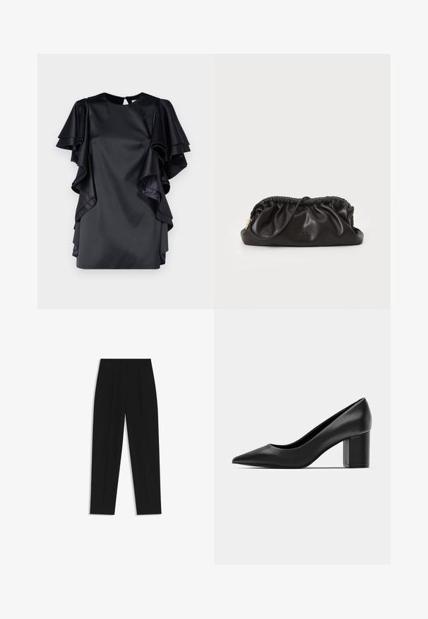 Sort satin kjole med lagdelte volangeærmer og rund halsudskæring. Har en nøglehulslukning på ryggen og en glat tekstur.; Sorte bukser med lige pasform, der har dobbelte folder, en glat tekstur og et klassisk taljedesign. Ingen synlige hardware eller accenter.; Sorte læderpumper med spidse tæer og en chunky firkantet hæl. Glat tekstur, enkelt design, velegnet til formelle anledninger.; Sort læder clutchtaske med samlet top, lynlåslukning og gulddetaljer. Glat tekstur med prægede logo detaljer.