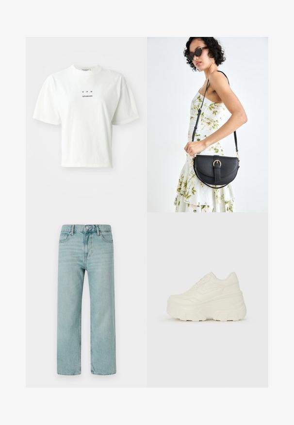 Biała krótka koszulka z bawełny, z krótkimi rękawami, okrągłym dekoltem i czarnym logo nadrukowanym z przodu, które brzmi "CPH STUDIOS".; Jasnoniebieskie dżinsy szerokie w nogawkach, wykonane z denimu, z klasycznym pięciopocketowym wzorem, czystymi liniami oraz standardowym pasem z zapięciem na guzik.; Białe sneakersy na platformie z gładkim, skórzano przypominającym wierzchem, zaokrąglonym kształtem, wyściełanym kołnierzem oraz teksturowaną gumową podeszwą z wyraźnym bieżnikiem.; Czarna skórzana torebka o zakrzywionym kształcie, z odpinanym paskiem i złotymi akcentami. Torebka posiada klapę z zapięciem w kształcie klamry.