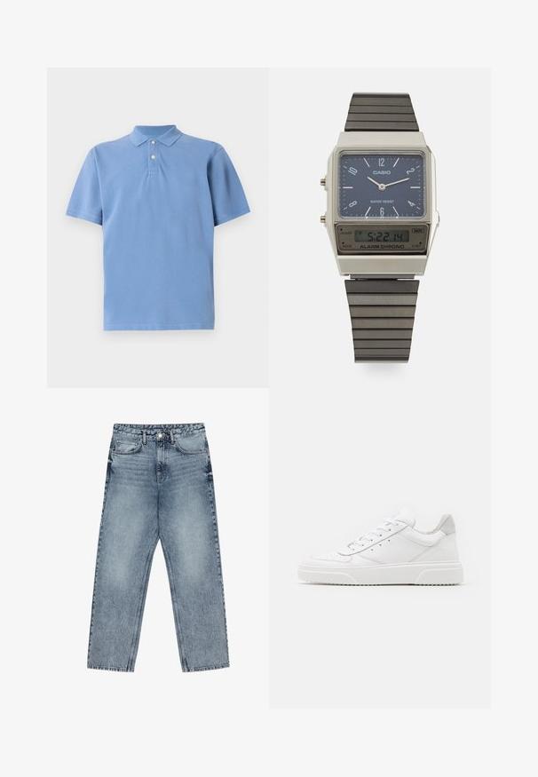 Gaiši zils polo krekls, izgatavots no mīksta kokvilnas, ar klasisku apkakli, trīs pogu slēgvietu un īsām piedurknēm ar gludu tekstūru.; Gai zilu džinsu bikses ar taisnu kāju griezumu, redzamām šuvēm, piecu kabatu dizainu un pogu aizdari jostasvietā.; Baltie ādas sporta apavi ar gludu virsmu, noapaļotu purngalu, plakaniem šņorēm un reljefa zoli. Pelēks zamšādas akcenti pie papēža.; Casio digitālā pulksteņi ar zilu ciparnīcu, sudraba korpusu un slāņainu melnu gumijas siksniņu. Parāda laiku un trauksmes iestatījumus. Ūdensizturīgs.