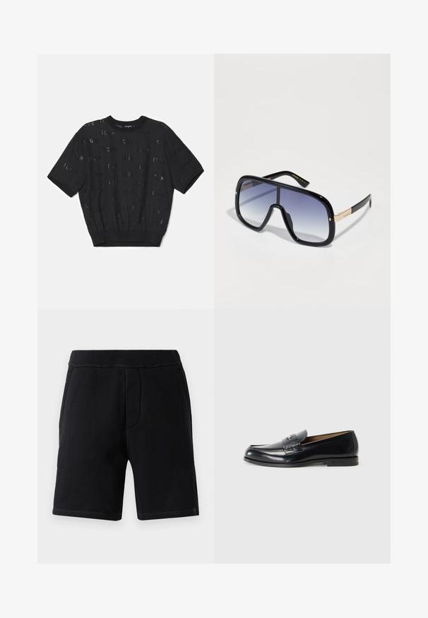 Černý krátký rukáv svetr s texturovanou tkaninou, s ribbovaným lemem a rozptýlenými flitrovými písmeny po celém těle.; Černé sportovní šortky vyrobené z měkkého materiálu; mají elastický pas, dvě boční kapsy a kontrastní prošívání.; Kožené mokasíny v černé barvě s hladkým povrchem, kulatou špičkou, dekorativním prošíváním a malým kovovým detailem na přední straně.; Přesně velké černé sluneční brýle s gradientním fialovým sklem, lesklým povrchem a zlatými akcenty na spánku. Obdélníkový tvar rámu.