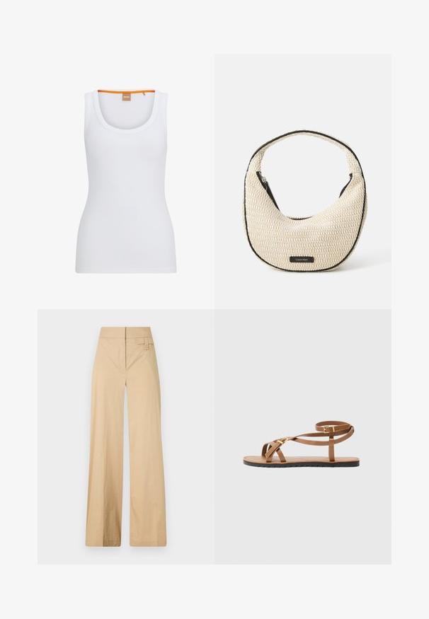 White ribbed tank top with a round neckline, featuring a contrasting orange accent on the inner collar and fitted silhouette.; Beige wide-leg pants made of cotton blend fabric. Features a smooth texture, elastic waistband, and a side button detail.; Brown leather sandal with thin strappy design, featuring a gold-tone buckle and flat black sole with zigzag edge.; Beige woven shoulder bag with a curved shape and black trim. Features a top zipper closure and a logo patch on the front.