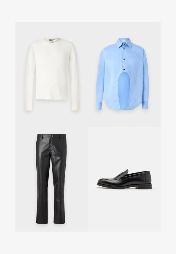 Fehér, hosszú ujjú, hőszigetelő felső, bordázott textúrával, kerek nyakkal és szegős mandzsettákkal. Tiszta, mintás és további díszítés nélküli dizájn.; Világoskék, hosszú ujjú ing, hegyes gallérral, fekete gombokkal, és egyedi kivágással elöl, amely különleges dizájnt kölcsönöz.; Fekete bőrnadrág sima textúrával, egyenes lábformával és diszkrét varrással a varratok mentén. A deréknál gombos záródással rendelkezik.; Fekete bőr loaferek sima textúrával, kerek orral és dekoratív pánttal a vampnál. Alacsony, rétegelt sarkú, minimalista dizájn.
