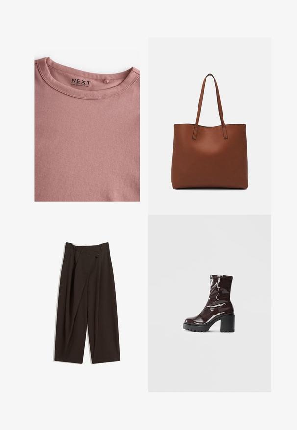 Langærmet crew-neck t-shirt i støvet rosa, lavet af blød bomuld, med en enkel rund halsudskæring og en glat tekstur. Labelen lyder "NEXT."; Mørkebrune brede bukser med høj talje, udstyret med en enkelt knaplukning og en plisseret front. Lavet af letvægtsstof.; Glatte burgunder ankelstøvler med en chunky sort hæl, der har en glat tekstur og et simpelt design. Ingen synlige lukninger eller mønstre.; Brun læder tote taske med en glat overflade, åben topdesign og to skulderremme. Har minimal syning og ingen synlig hardware.