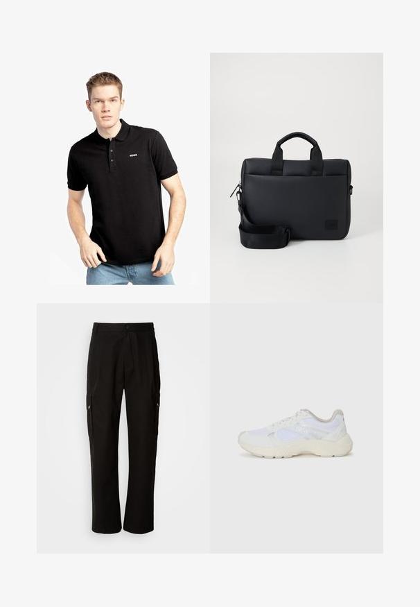Fekete póló, gallérral, rövid ujjakkal és három gombbal. A bal mellen fehér "HUGO" logó található. Puha pamut anyagból készült.; Fekete vászont nadrág laza szabással, oldalsó zsebekkel, gombos záródással és egyenes lábakkal. Egyszerű minta nélküli design.; Fehér sportcipők, amelyek hálós és velúr anyagból készültek, texturált középtalppal, texturált részletekkel és a "HUGO" logóval az oldalon.; Fekete textúrájú laptop táska dupla felső fogantyúkkal, levehető pánttal, cipzáras záródással és egy kis logóval a márkázáshoz.