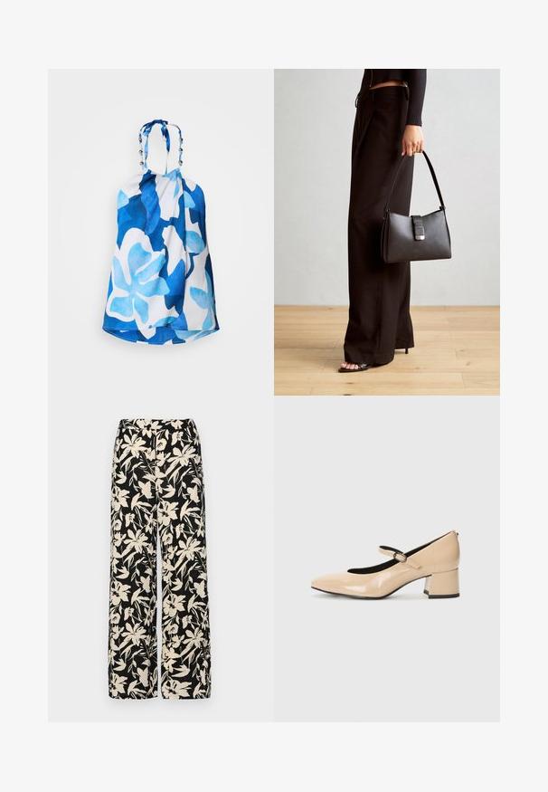 Haut à bretelles bleu et blanc avec de grands motifs floraux, un tissu texturé et des accents en perles au niveau du cou pour un détail supplémentaire.; Pantalon large noir avec un motif floral crème. Fabriqué en tissu léger, il présente une texture lisse et une taille haute.; Bottines Mary Jane en cuir verni beige avec un bout imitation, une sangle à boucle et un talon bloc de hauteur intermédiaire. Texture lisse avec une finition brillante.; Sac à main noir à la forme structurée, texture lisse et fermoir métallique. Associé à un pantalon noir ample et des sandales ouvertes sur un sol en bois.