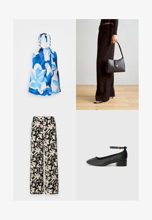 Plavi i bijeli top na hvatanje s velikim cvjetnim uzorcima, teksturiranim materijalom i perlicama na vratu za dodatne detalje.; Crne široke hlače s kremastim cvjetnim uzorkom. Izrađene od lagane tkanine, sa glatkom teksturom i visokim pojasom.; Crne kožne pumpe s oštrim vrhom i niskom blok petom. Sadrže remen oko gležnja s zlatnim kopčanjem. Glatka tekstura.; Crna torba s oblikom koji sadrži strukturu, glađu teksturu i metalnu kopču. Uparena s širokim crnim hlačama i sandalama na otvorenom s drvenog poda.