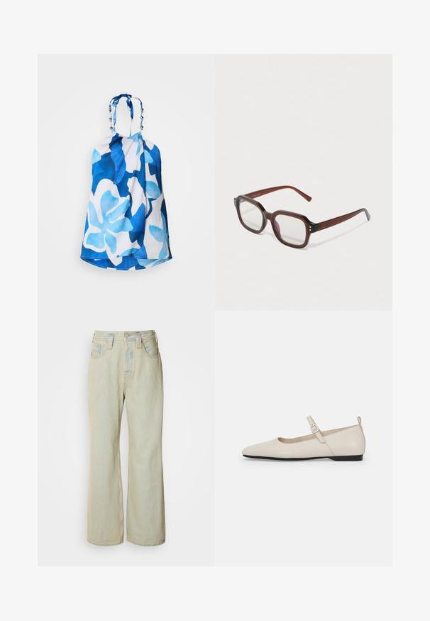 Modrý a biely top na uviazanie za krkom s veľkými kvetinovými vzormi, textúrovanou tkaninou a korálkovými akcentmi na krku pre zvýraznenie detailu.; Svetlomodré široké džínsy vyrobené z denimu, s vysokým pásom, piatimi vreckami a jemným vyblednutím s kontrastným prešívaním.; Biele kožené Mary Jane balerínky s špicatou špičkou, postrannou sponou a nízkym čiernym opätkom. Hladká textúra a minimalistický dizajn.; Hnedé priehľadné obdĺžnikové okuliare s čírymi šošovkami, s miernym fialovým odrazom a malými zlatými dekoratívnymi bodkami na predných rohoch.; Strieborné kruhové náušnice s hladkým, lesklým povrchom. Kolový tvar a bezpečné klikanie na uzatváranie. Ľahký dizajn vhodný na každodenné nosenie.