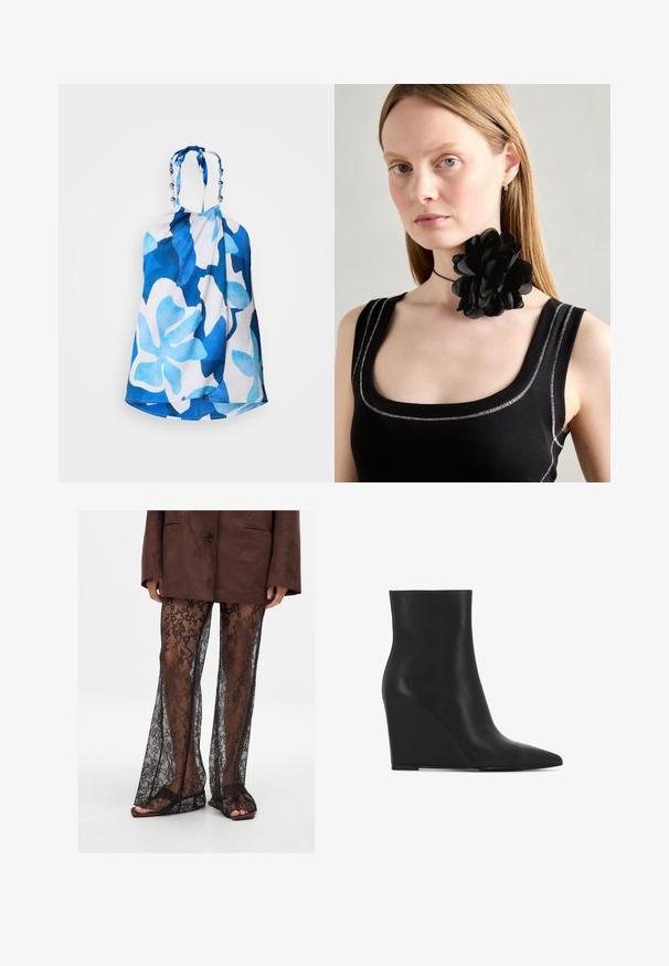 Niebieski i biały top na szyję z dużymi wzorami kwiatowymi, teksturowanym materiałem i dodatkowymi koralikami przy szyi dla lepszego efektu.; Czarne koronkowe spodnie z szerokimi nogawkami, posiadające kwiatowy wzór i przejrzystą fakturę, w zestawieniu z brązowymi klapkami.; Czarne kozaki na obcasie wykonane z teksturowanej skóry; mają szpiczasty czubek oraz gładki, elegancki design z konturową sylwetką.; Czarny naszyjnik-choker z kwiatów, wykonany z warstwowych płatków, noszony z czarnym, prążkowanym topem na ramiączkach z srebrnymi akcentami przy dekolcie i ramionach.