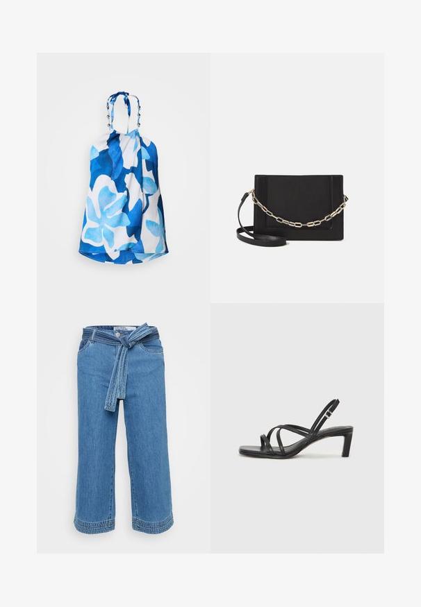 Zilā un baltā haltera blūze ar lieliem ziedu rakstiem, teksturētu audumu un pērlīšu akcentiem ap kaklu papildu detaļām.; Gai zila džinsu kulotu bikses ar savilkta jostu, platām kājām un izsistām malām. Ar kabatām un nedaudz izbalējušu struktūru.; Melnas strappy sandales ar kvadrātveida purngaliem un zemu bloku papēdi. Ievērojamas ar vairākiem plāniem siksniņām un regulējamu potītes siksniņu. Izgatavotas no gludas ādas.; Melna ādas crossbody soma ar gludu faktūru, taisnstūrveida formu un metalizētu ķēdes detaļu priekšā. Iekļauta regulējama siksna.