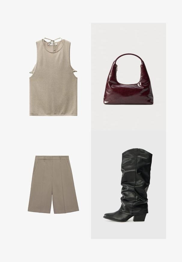 Beige ærmeløs top lavet af blødt stof, med rund halsudskæring og bånd-detajle bagpå. Sideudskæringer giver et moderne designelement.; Beige plisserede shorts med lige pasform, der har bæltestropper og sidelommer. Fremstillet af glat, letvægtsstof.; Sorte læderknæhøje støvler med et skrånet design, spids tå og chunky hæl, der har en glat overflade og minimal syning.; Bordeaux læder taske med en glat overflade, rund håndtag og en lynlåsåbning; har et slankt, minimalistisk design.; Røde perleørehængere med en struktureret overflade og en guldtonet lukning. Cirkulær form med åben midte og rund perledetaljering.