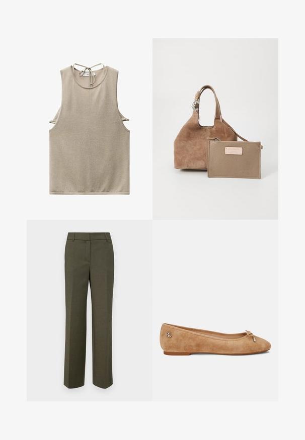Beige ærmeløs top lavet af blødt stof, med rund halsudskæring og bånd-detajle bagpå. Sideudskæringer giver et moderne designelement.; Olivengrøn skræddersyede bukser lavet af tekstureret stof. Har et lige ben-design med flad front og ingen synlige dekorationer.; Beige ruskind ballet sko med en let spids tå, en sløjfe på forsiden og et lille metallic logo på hælen. Flad sål.; Rundbrun suede håndtaske med en kort hank. Har en aftagelig lys læderpung med lynlås og logo-detalje.