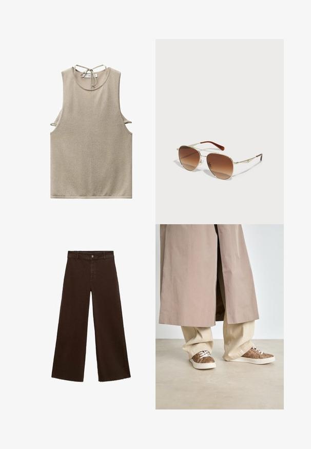 Beżowy bezrękawnik wykonany z miękkiego materiału, z okrągłym dekoltem i zapięciem na plecach. Wycięcia po bokach wprowadzają nowoczesny element designu.; Brązowe spodnie o szerokich nogawkach z mieszanki bawełny, z postrzępionym dołem, przednim zapięciem na guzik i klasycznym pięciopocketowym wzorem. Minimalistyczne i uniwersalne.; Beżowy trencz na jasnobeżowych, szerokich spodniach. Brązowe sneakersy z teksturowanym wzorem i białymi sznurówkami. Gładka, minimalistyczna podłoga.; Złote okulary przeciwsłoneczne w metalowej oprawie z gradientowymi brązowymi soczewkami. Charakteryzują się unikalnym geometrycznym kształtem i brązowymi akcentami na zausznikach. Lekka konstrukcja.