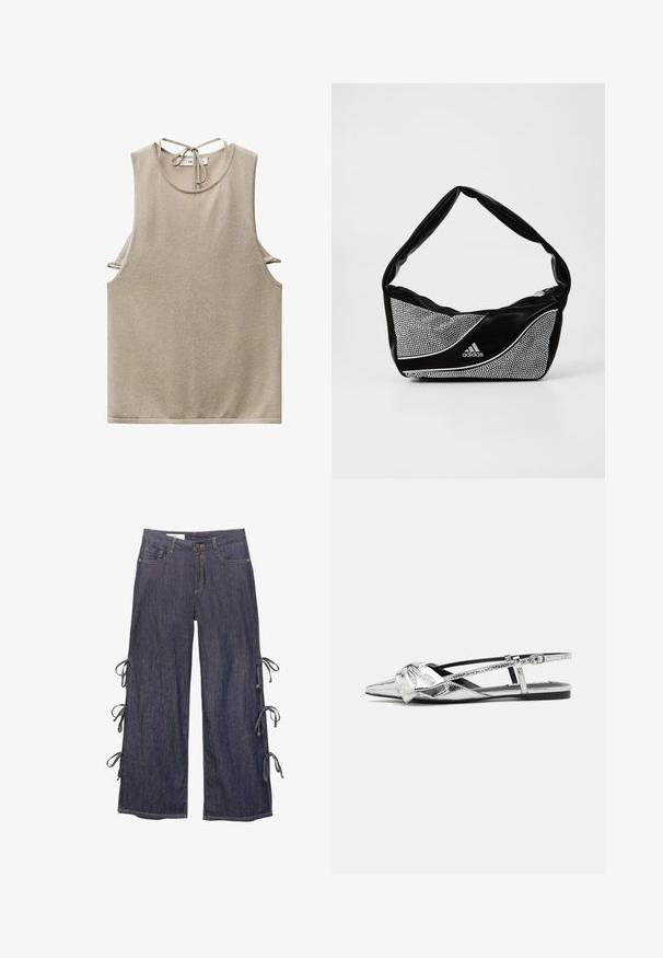 Beige mouwloos topje gemaakt van zachte stof, met een ronde hals en strikdetail aan de achterkant. Zij-uitsnijdingen zorgen voor een modern designelement.; Denim wijde broek in donkerblauw met zijstrikken en een knoopsluiting. Heeft voorzakken en een ontspannen silhouet.; Zilver metallic slingback ballerina's met een spitse neus, voorzien van een knoopdetail aan de voorkant en een verstelbare band voor een secure pasvorm.; Zwarte en zilveren adidas-handtas met een gladde textuur, voorzien van een glanzend gestofd patroon en een onderscheidend gebogen ontwerp.