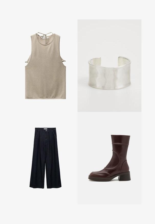 Débardeur beige sans manches en tissu doux, avec un col rond et un détail de nouage au dos. Les découpes latérales ajoutent un élément de design moderne.; Pantalons larges en denim foncé avec taille haute, présentant une fermeture à bouton à l'avant, deux poches latérales et des détails de couture.; MIISTA MALENE  - Bottines - brown; Zign Bracelet - silver-coloured