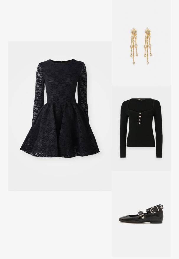 Melna, garām piedurknēm, ribota blūze ar kvadrātu formas dekoltē un pieciem dekoratīviem pogām priekšpusē aizdarei.; Melnas mežģīņu kleitas ar garām piedurknēm, apaļu kakla izgriezumu un platam svārkiem. Mežģīņu virsma rotāta ar ziedu rakstu visā kleitā.; Melnas laika patenta ādas dzīvokļu kurpes ar kvadrātu purngalu, potītes siksna ar sudraba furnitūru un platu zoli. Gluda tekstūra ar minimālu dizainu.; Melna ādas rokassoma ar frizūras detaļām, zelta ķēdes plecu siksnu un izgrieztu rokturi. Ir logotipa novietojums priekšpusē.; Zelta tonī auskari ar vairākiem kaskādes ķēdēm, kas rotāti ar caurspīdīgiem ovāliem rhinestone akcentiem un dekoratīvām pīrsingiem.