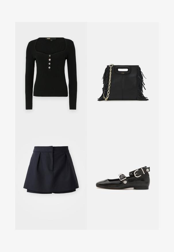 Schwarzes langärmliges Rippoberteil mit quadratischem Ausschnitt und fünf dekorativen Knöpfen vorne zum Schließen.; Marinefarbene Falten-Shorts mit hoher Taille, aus glattem Stoff gefertigt. Sie verfügen über ein figurbetontes Design und eine versteckte Fronttasche.; Schwarze Lackleder-Ballerina mit eckiger Zehenpartie, Knöchelriemen mit silberner Hardware und flacher Sohle. Glatte Textur mit minimalistischen Design.; Schwarze Lederhandtasche mit Fransen-Details, goldener Ketten-Schulterriemen und einem ausgeschnittenen Griff. Mit Logoplatzierung auf der Vorderseite.
