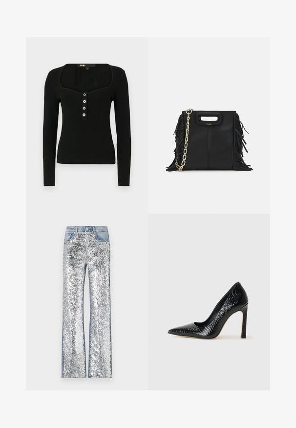 Top negru cu maneci lungi, cu textură tip rib, având un decolteu pătrat și cinci butoane decorative în față pentru închidere.; Jeans din paiete argintii cu un design evazat, cu un brâu și laterale din denim, creând o suprafață texturată și reflectorizantă.; Pantofii cu toc înalt, ascuțiți, de culoare neagră, cu textură de piele de crocodil, având un design elegant, toc în stil stiletto și interior neted de culoare neagră.; Geantă de mână din piele neagră cu detalii din franjuri, curea de umăr din lanț auriu și un mâner cu tăietură. Prezintă plasarea logo-ului pe față.