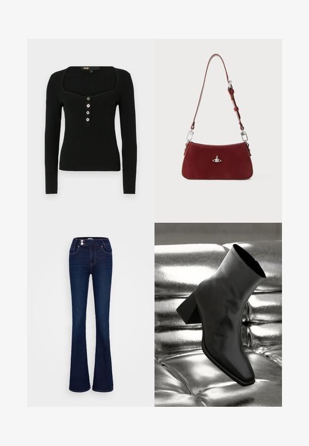 Fekete, hosszú ujjú, bordázott felső négyzet alakú nyakkivágással és öt díszes gombbal az elülső részen a záródásért.; Sötétkék bővülő farmernadrág, magas derékkal, két elülső zsebbel és két gombos záródással. Finom textúrájú denim anyagból készült.; Fekete bokacsizma fényes anyagból, négyzetes orral és szűkített sarkú, egy csillogó ezüst kárpitozott háttér előtt.; Piros velúr válltáska ívelt formával. Ezüst tónusú kiegészítőkkel és állítható pánttal, hardver részletekkel. Simább felszíne van.