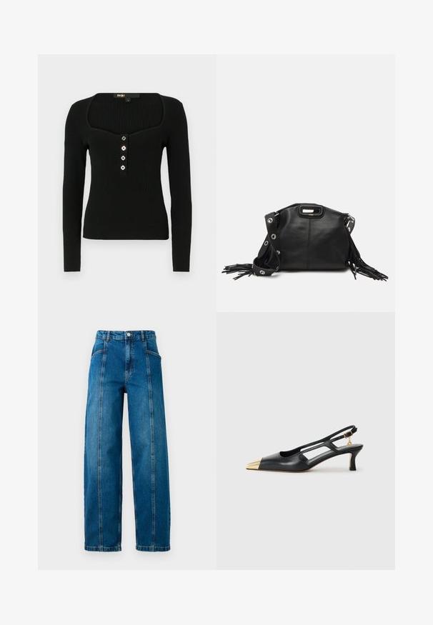 Crna dugotrajna rebrasta majica s kvadratnim izrezom i pet ukrasnih dugmadi sprijeda za zatvaranje.; Visoke plave traperice s širokim nogavicama, prednjim vertikalnim šavovima, bočnim džepovima, petljama za remen i kopčanjem na dugme.; Crne kožne sandale s otvorenom petom i šiljastim vrhom, zlatni metalni vrh. Imaju izrezbareni dizajn i vitku petu s podesivim remenom.; Maje MISS MINI - Torba preko tijela - noir
