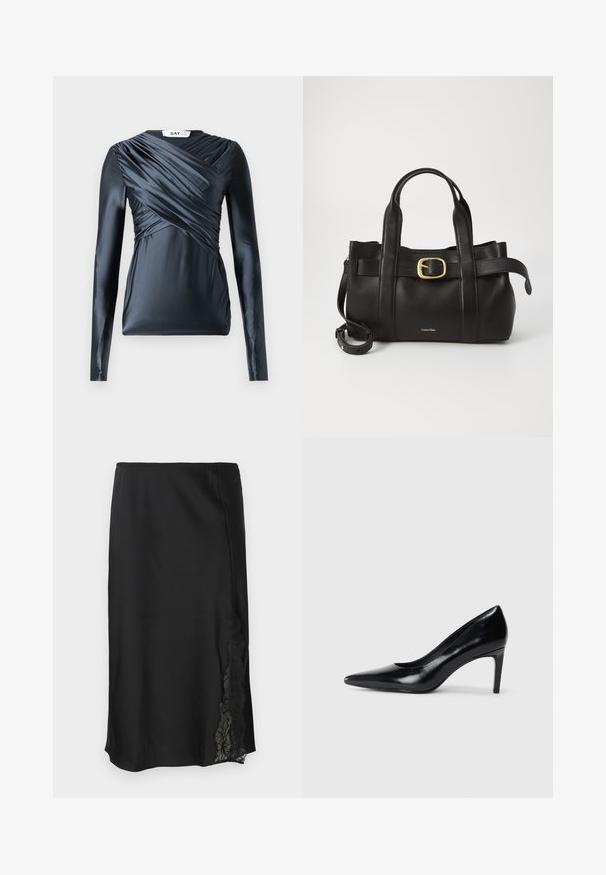 Dugih rukava u tamnoplavom satenu s naboranim detaljima na prednjem dijelu i glatkom teksturom, s okruglim izrezom i prilagođenim siluetom.; Crna saten suknja s glatkom teksturom, s čipkastim detaljem s jedne strane i ravnim rubom. Elastičan struk za fleksibilno prilagođavanje.; Crna kožna cipela na visokom potpeticu s špicastim prstom, glatke teksture i sužavajućom potpeticom. Minimalistički dizajn, bez dodatnih ukrasa.; Crna kožna torba s strukturiranim dizajnom, dvostrukim gornjim ručkama, zlatnim kopčom kao naglaskom i utisnutim logotipom marke sprijeda.