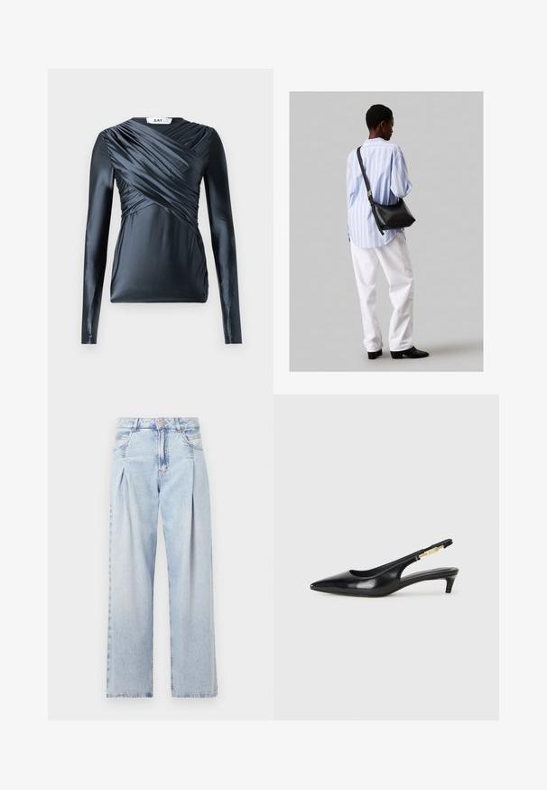 Tume laheline särk, mis on valmistatud satiinist, koos kokkuonnitud detailidega esiküljel ja siledast tekstuurist, omab ümmargust kaelust ja keha lähedast siluetti.; Heledad sinise denimist valmistatud teksapüksid kõrge vöökohaga, laia jala lõikega, kahe külje taskuga ja pleedi disainiga. Pehme tekstuur ja pleekinud viimistlus.; Mustad nahast slingback kontsad terava ninaga, millel on õhuke konts ja kuldse tooni aktsent reguleeritaval rihmal. Sile tekstuur.; Must have mustras alasi nahkpatsi, pehme tekstuuriga, kolmnurkse kujuga ja reguleeritava rihmaga, koos helesinise triibulise särgi ja valgete pükstega.
