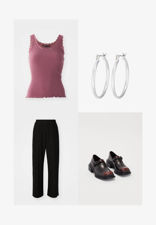 Ribota rožinė moteriška marškinė su bangiu apvadu ir nėriniu apdailinta iškirpte bei petnešomis, pagaminta iš minkštos, elastingos medžiagos.; Juodi, plačių kojų kelnės su baltomis vertikaliomis juostelėmis, su elastinga juosmens juosta, užtikrinančia komfortą, ir sklandžia, minkšta tekstūra.; Odiniai blokiniai kulniukai su blizgiu tamsiai rudų vyno atspalviu, su sagties dirželiu ir apvalia nosimi. Tekstūruotas padas geresniam sukibimui.; Sidabriniai auskarai su sklandžiu, poliruotu paviršiumi. Apvalios formos ir saugus uždarymo mechanizmas. Lengvas dizainas, tinkantis kasdieniam dėvėjimui.
