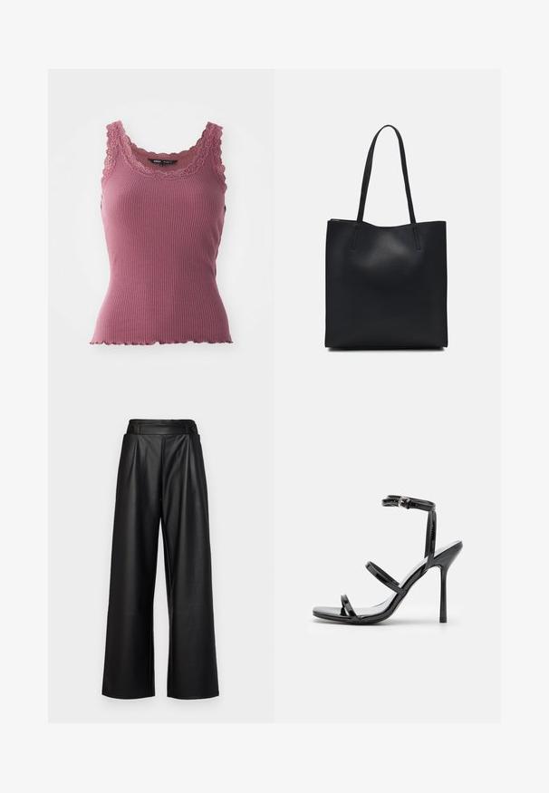 Top rosa a costine con orlo scallop e pizzo lungo il collo e le spalline, realizzato in materiale morbido ed elasticizzato.; Pantaloni neri a gamba larga realizzati in pelle, con vita alta, pieghe e due bottoni circolari sul davanti per la chiusura.; Sandali con tacco alto in pelle verniciata nera, dotati di tre cinturini orizzontali e una cinghia alla caviglia regolabile. Silhouette elegante e finitura lucida.; Borsa tote in pelle nera con texture liscia, forma rettangolare e due manici lunghi. Nessun hardware o decorazione visibile.