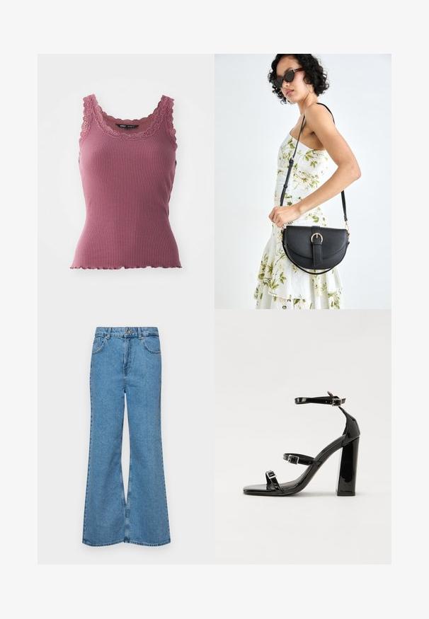 Ružový vrchný diel s čipkovaným lemom a volánovým okrajom, vyrobený z mäkkého a elastického materiálu.; Svetlomodré rozšírené džínsy vyrobené z denimu, s vysokým pásom, piatimi vreckami a jednopoložkovým zapínaním na gombík. Mäkká textúra s vyblednutým povrchom.; Čierne lakované sandále na podpätku so štvorcovou špičkou, navlečenými remienkami okolo členku a striebornými prackami. Disponujú masívnym blokovým podpätkom pre stabilitu.; Čierna kožená kabelka s zaobleným tvarom, odnímateľným popruhom a zlatými doplnkami. Kabelka má klopu s detailom s prackou.