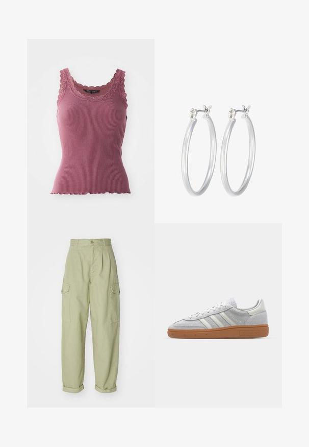 Ribota rožinė moteriška marškinė su bangiu apvadu ir nėriniu apdailinta iškirpte bei petnešomis, pagaminta iš minkštos, elastingos medžiagos.; Šviesiai žali cargo tipo kelnės, pagamintos iš medvilnės audinio. Joms būdingas aukštas juosmuo, suktos galinės dalys ir dvi šoninės cargo kišenės, užtikrinančios papildomą patogumą.; Šviesiai pilki zomšiniai sportbačiai su baltais odiniais akcentais, trimis baltomis juostelėmis ir rudą guminę pada, turintys paminkštintą apykaklę patogumui.; Sidabriniai auskarai su sklandžiu, poliruotu paviršiumi. Apvalios formos ir saugus uždarymo mechanizmas. Lengvas dizainas, tinkantis kasdieniam dėvėjimui.