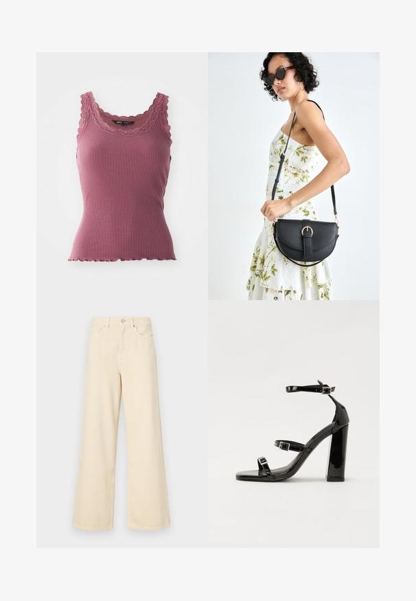 Top rosa a costine con orlo scallop e pizzo lungo il collo e le spalline, realizzato in materiale morbido ed elasticizzato.; Jeans beige a gamba larga in cotone. Caratterizzati da chiusura con bottone, passanti per cintura e tasche anteriori con una consistenza liscia e morbida.; Sandali con tacco in vernice nera, con punta squadrata, cinturini alla caviglia e fibbie in argento. Presentano un tacco a blocco spesso per maggiore stabilità.; Borsa a tracolla nera in pelle con una forma curva, manico rimovibile e accessori dorati. La borsa presenta una patta con un dettaglio a fibbia.